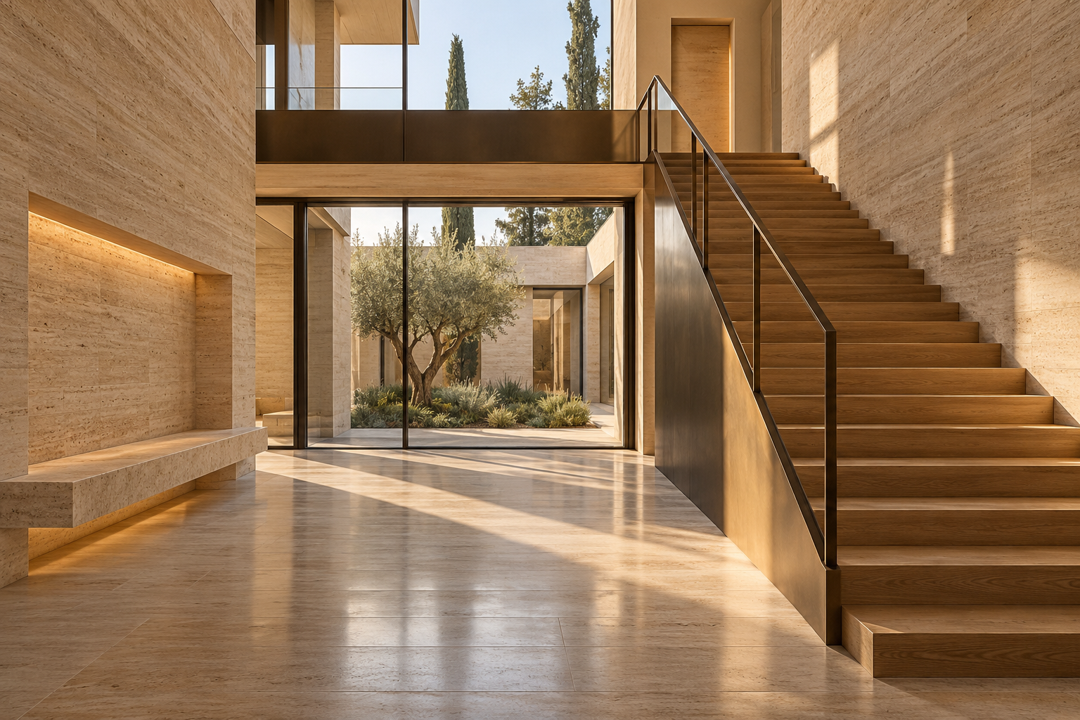 Architettura d’interni: luce naturale, travertino e una scala in legno